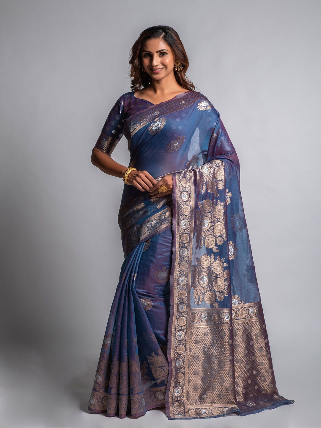 

Lilots Blue & Gold-Toned Floral Jacquard Zari Khadi Saree