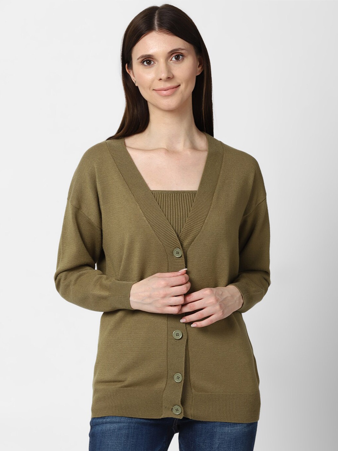 

FOREVER 21 Women Olive Green Solid Cardigan with Crop Top