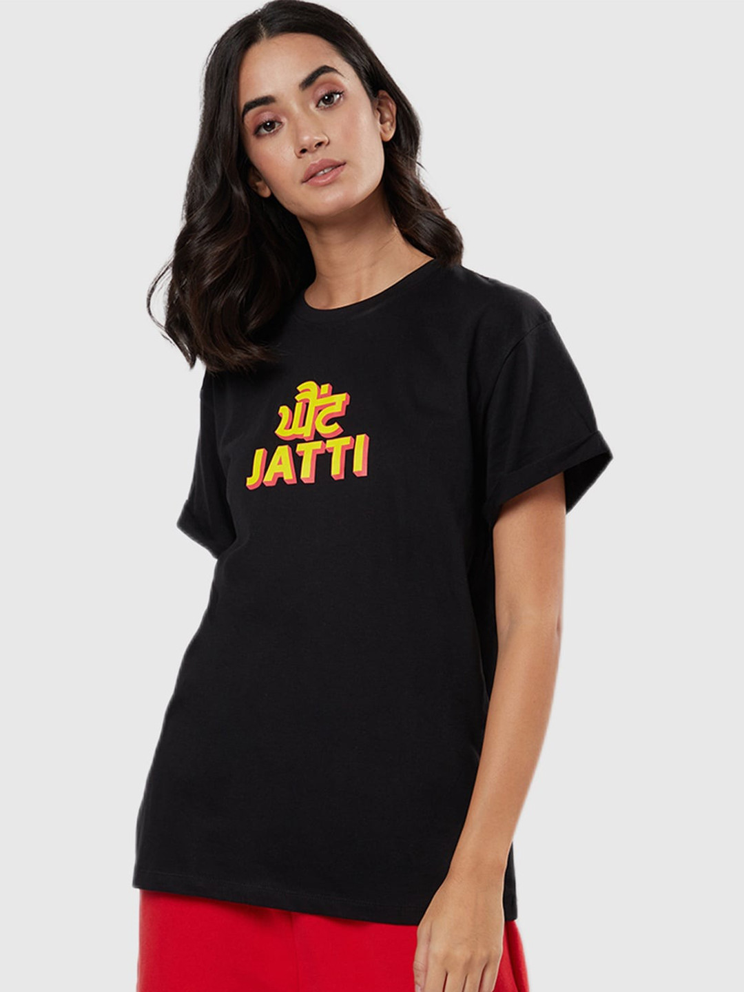 

Bewakoof Women Black Printed Applique T-shirt