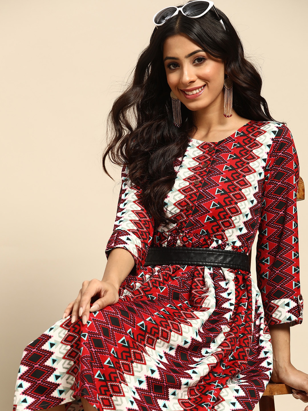 

Sangria Red & White Printed A-Line Dress