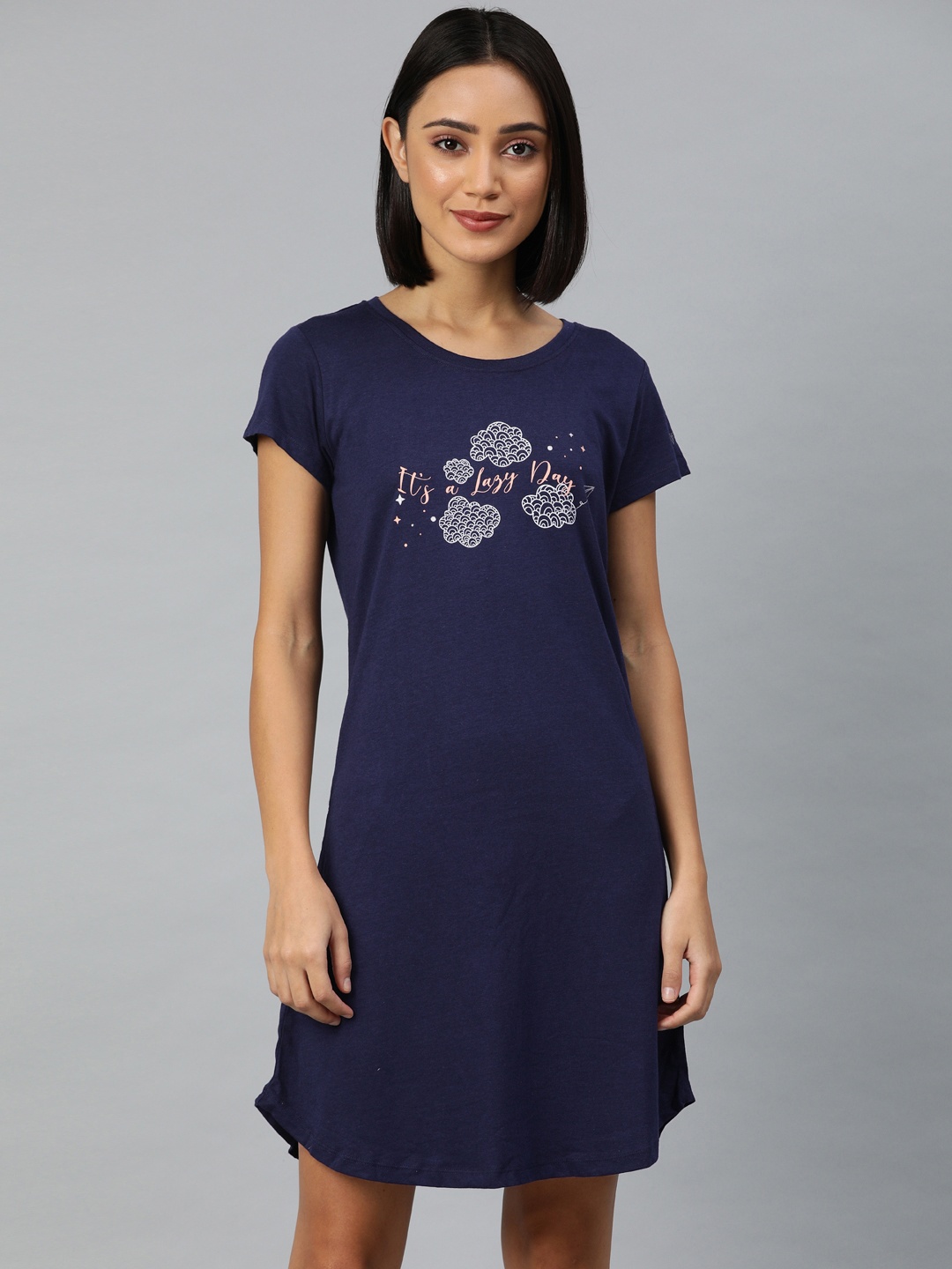 

Van Heusen Printed Round Neck Short Sleeves Lounge T-shirt Style Nightdress, Navy blue