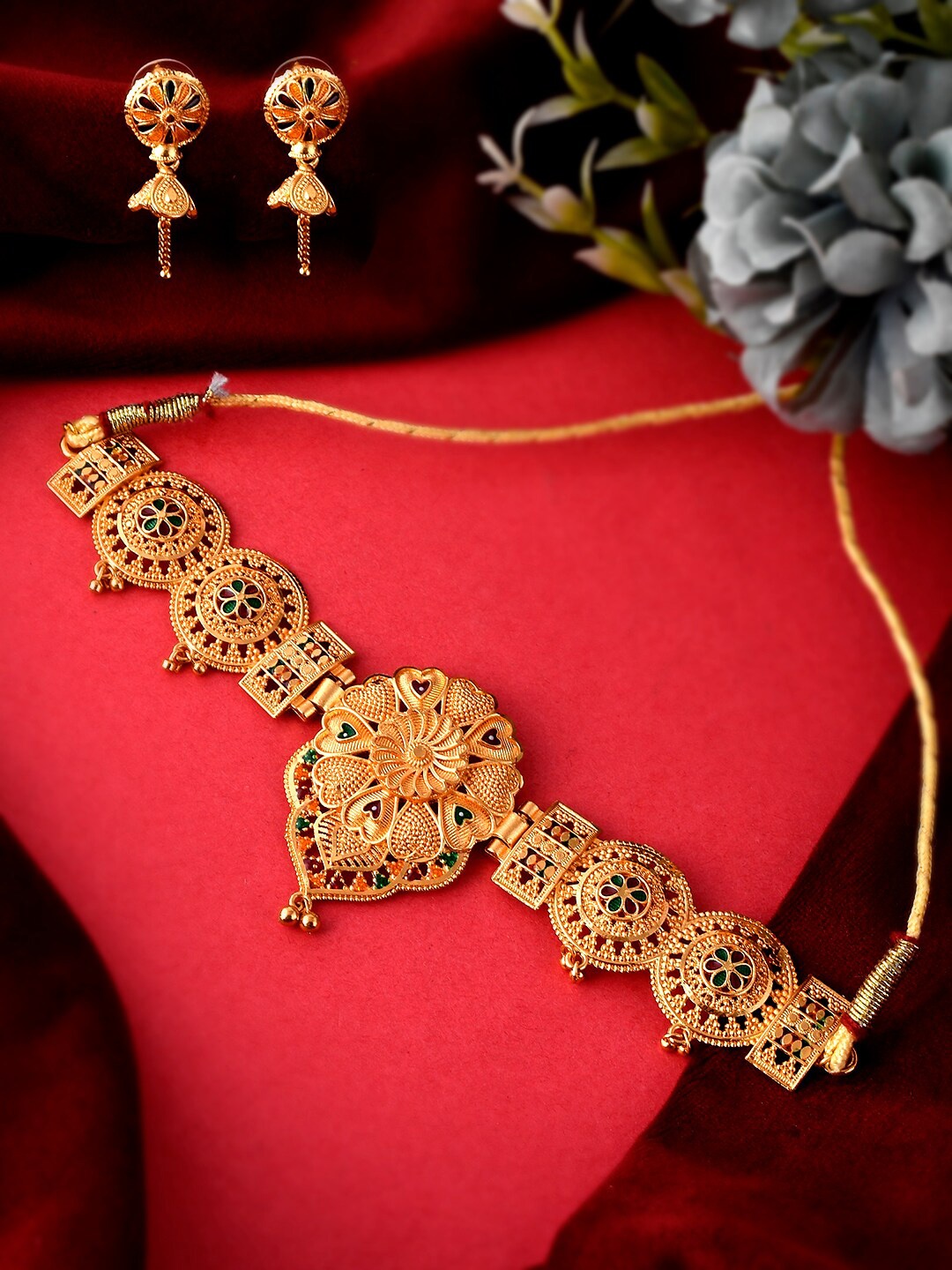 

Silvermerc Designs Gold-Plated Red & Green Stone Studded Temple Jewellery Set