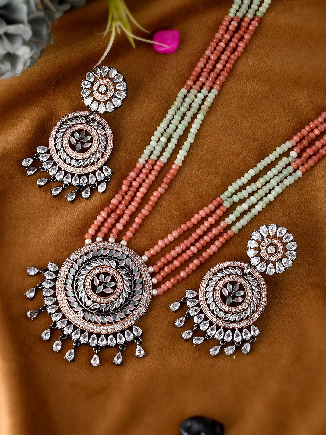 

Silvermerc Designs Rose Gold Plated White AD-Studded & Beaded Jewellery Set