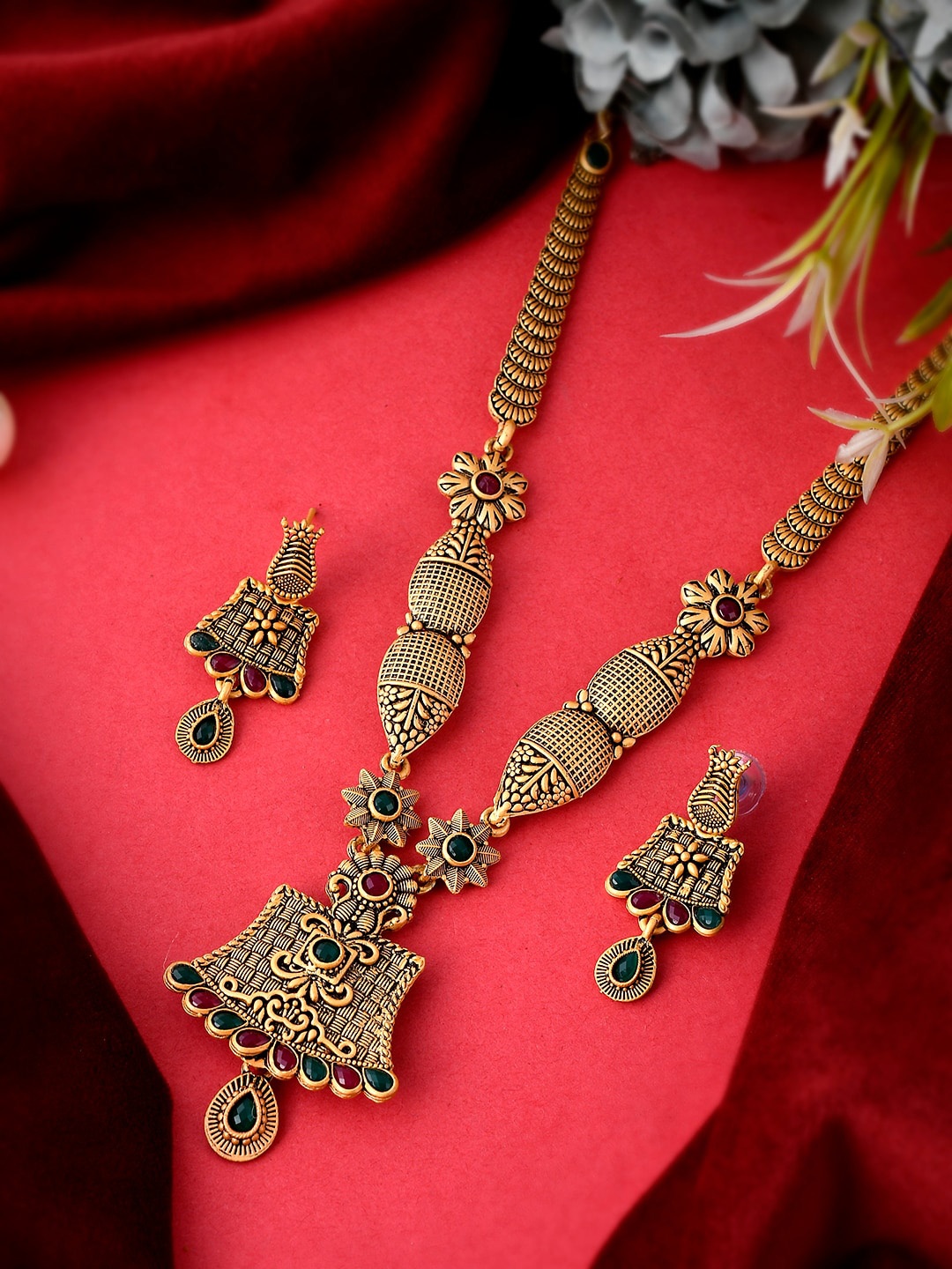 

Silvermerc Designs Gold-Plated Red & Green Stone Studded Temple Jewellery Set