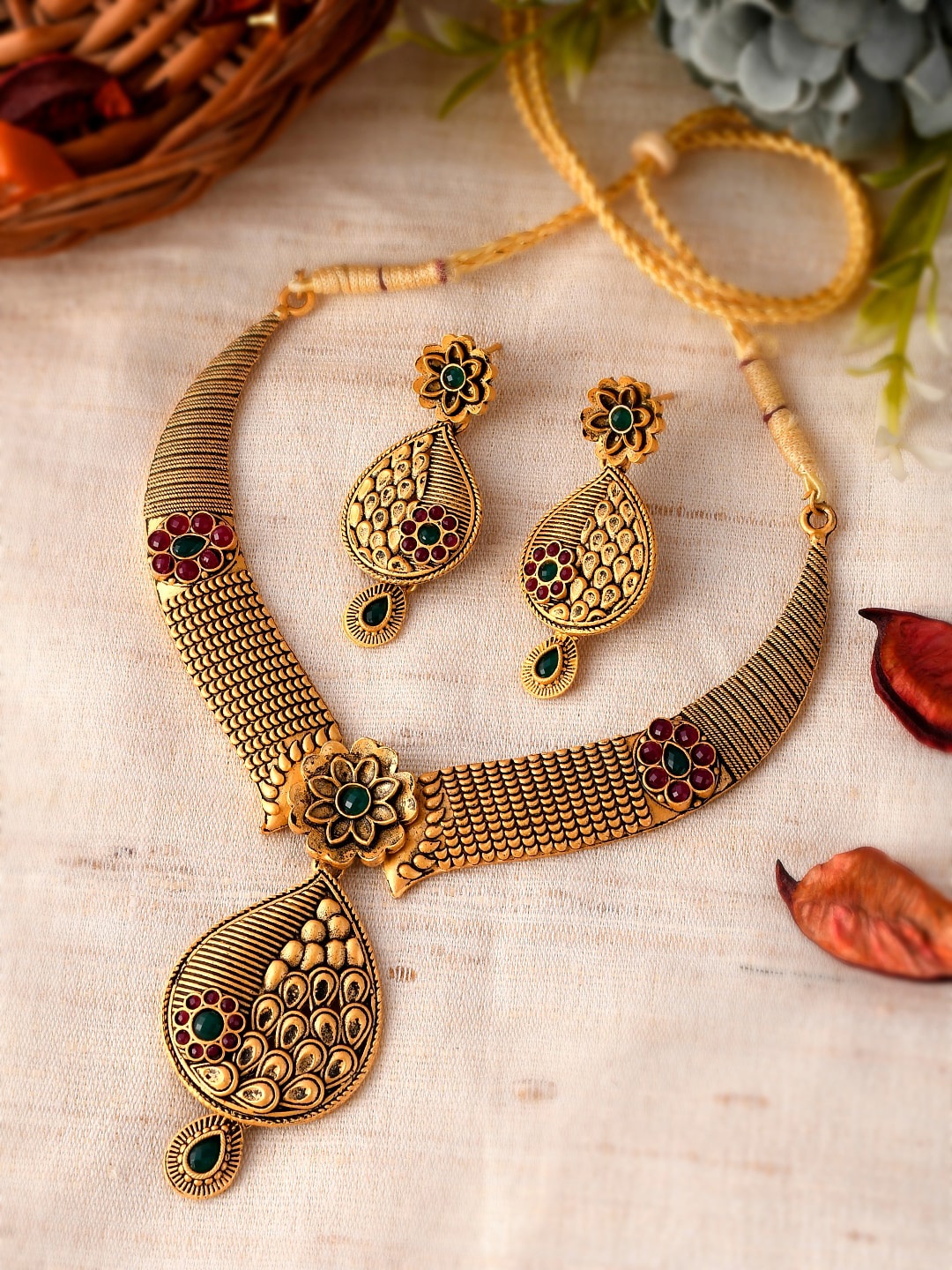 

Silvermerc Designs Gold-Plated Red & Green Stone Studded Jewellery Set