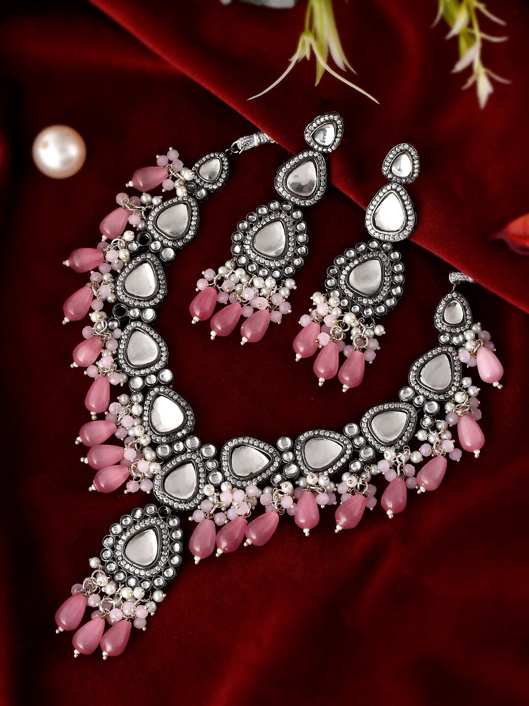 

Silvermerc Designs Silver-Plated Pink Artificial Stone Studded Jewellery Set