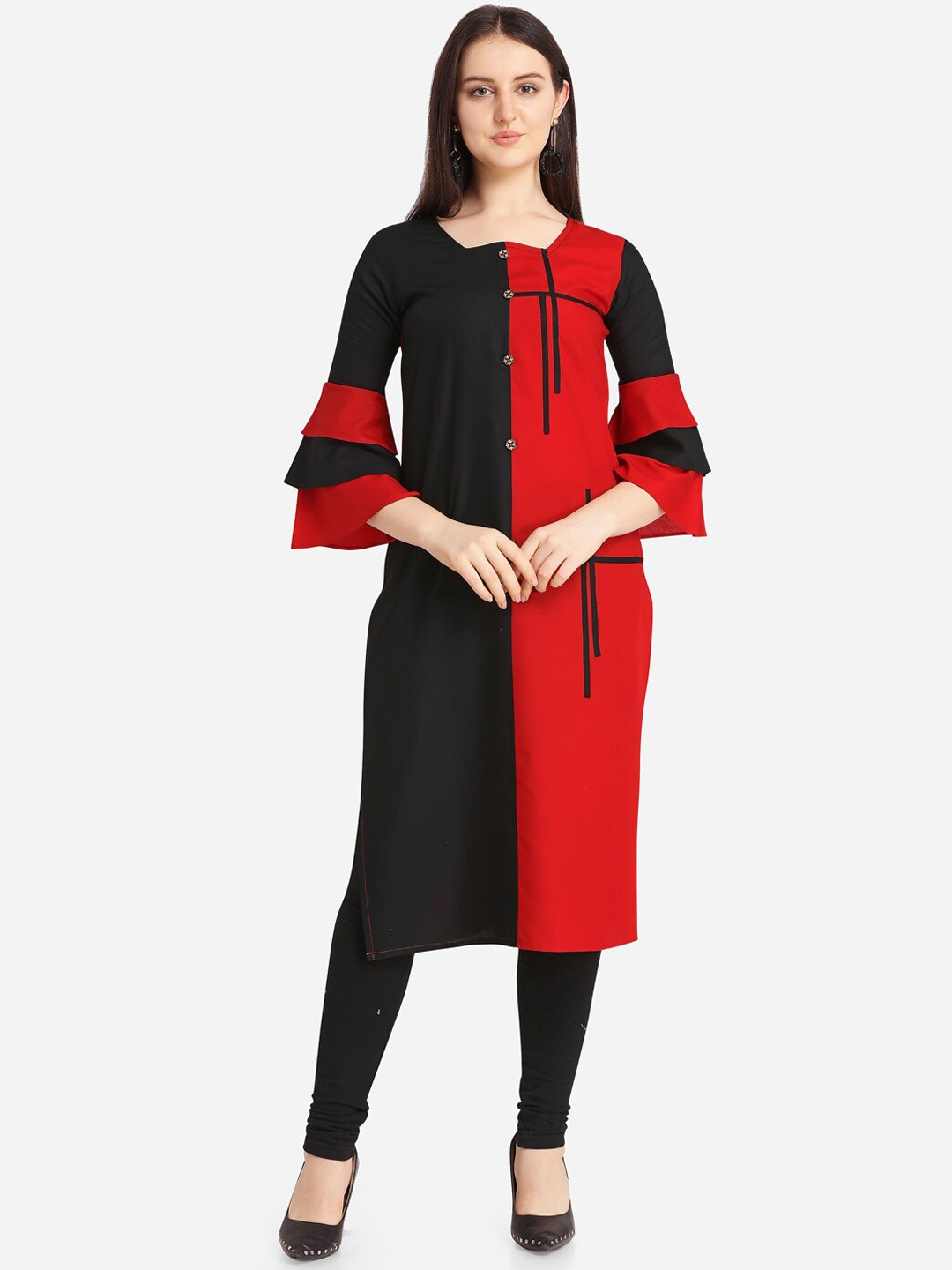 

Youthnic Women Red Colorblock Round Neck Flared Sleeve Straight Kurta