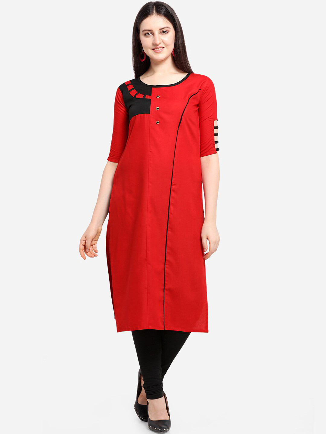 

Youthnic Women Red Colorblock Round Neck Straight Kurta