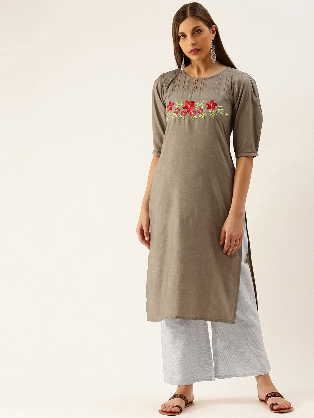 

Youthnic Women Grey Floral Embroidered Thread Work Straight Kurta