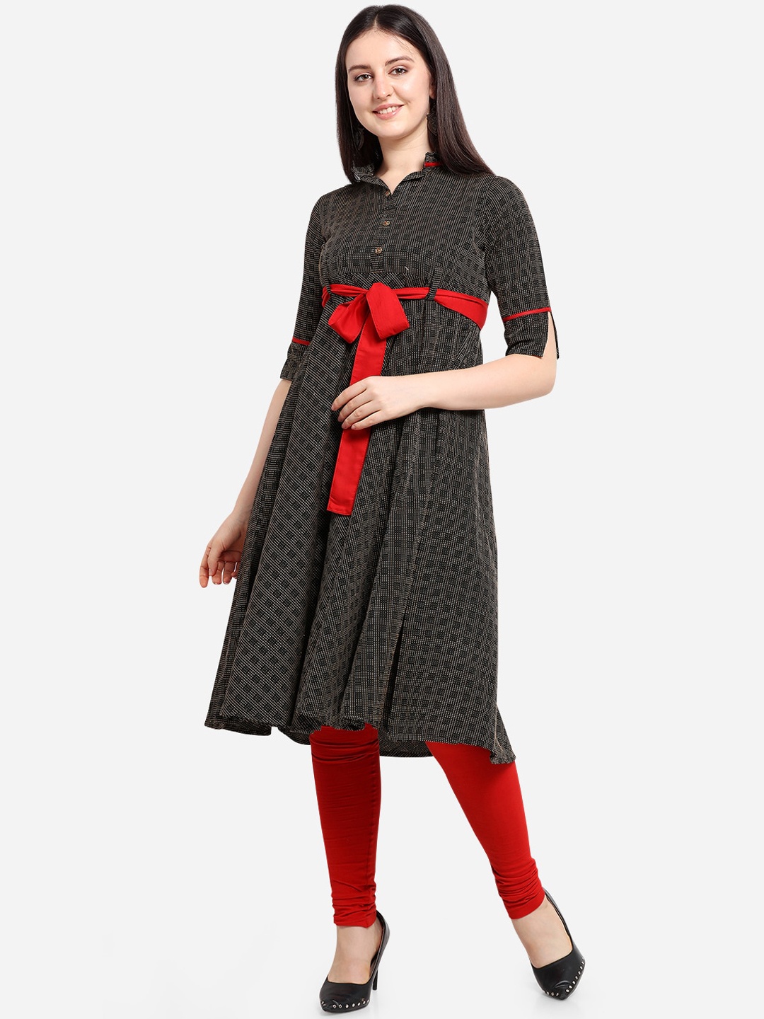 

Youthnic Women Black Checked Red Belt A-Line Kurta