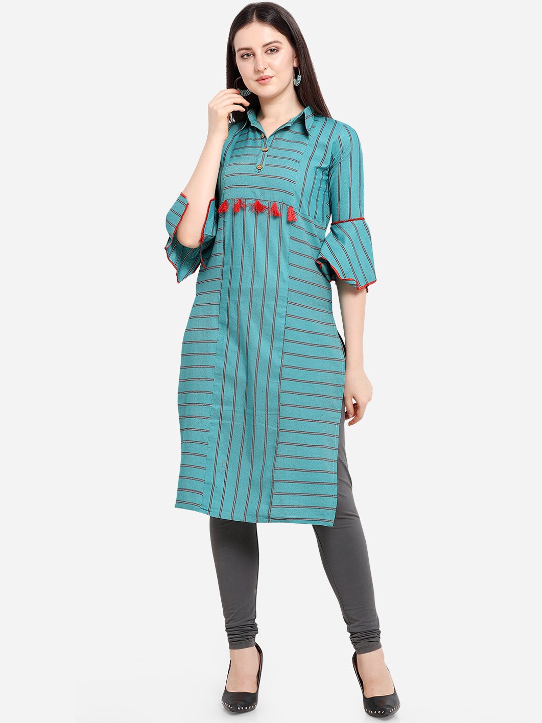 

Youthnic Women Blue Tassle Striped Printed Flared Sleeve Straight Kurta