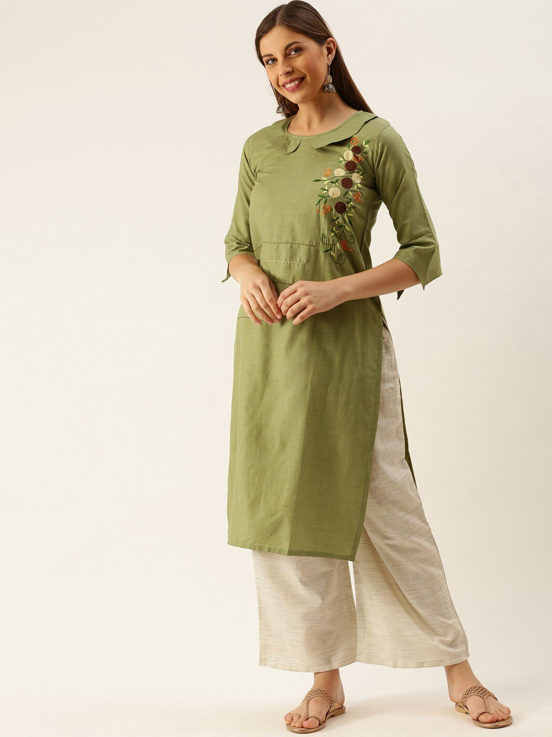 

Youthnic Women Green Floral Embroidered Thread Work Straight Kurta