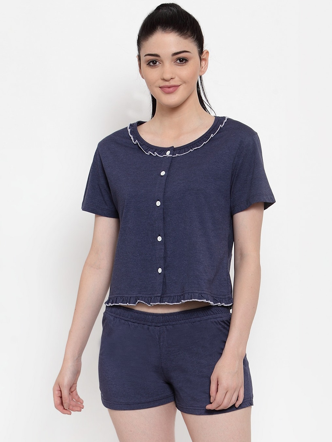 

Claura Women Navy Blue Solid Pure Cotton Night Suit