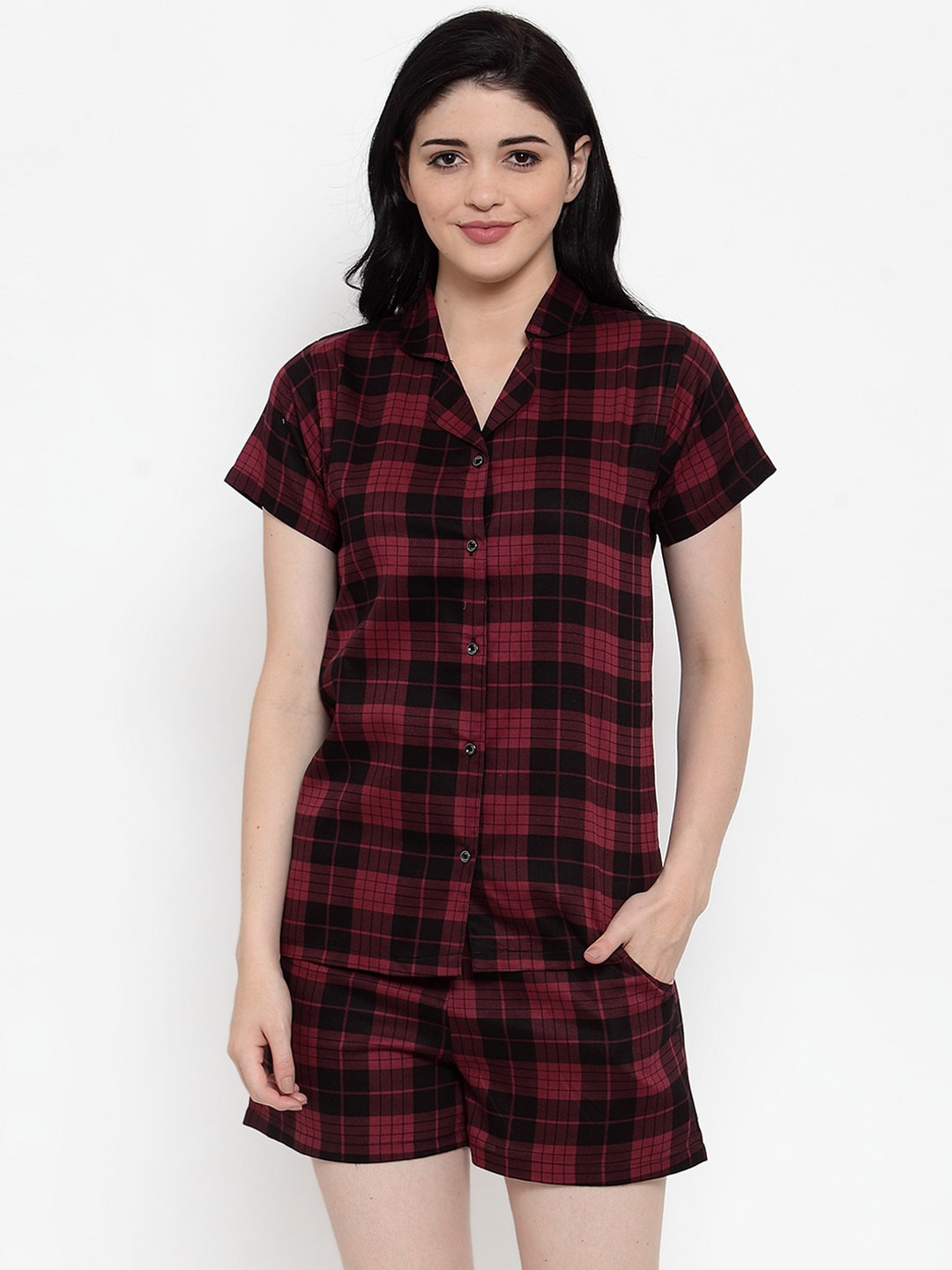 

Claura Women Maroon & Black Checked Night suit