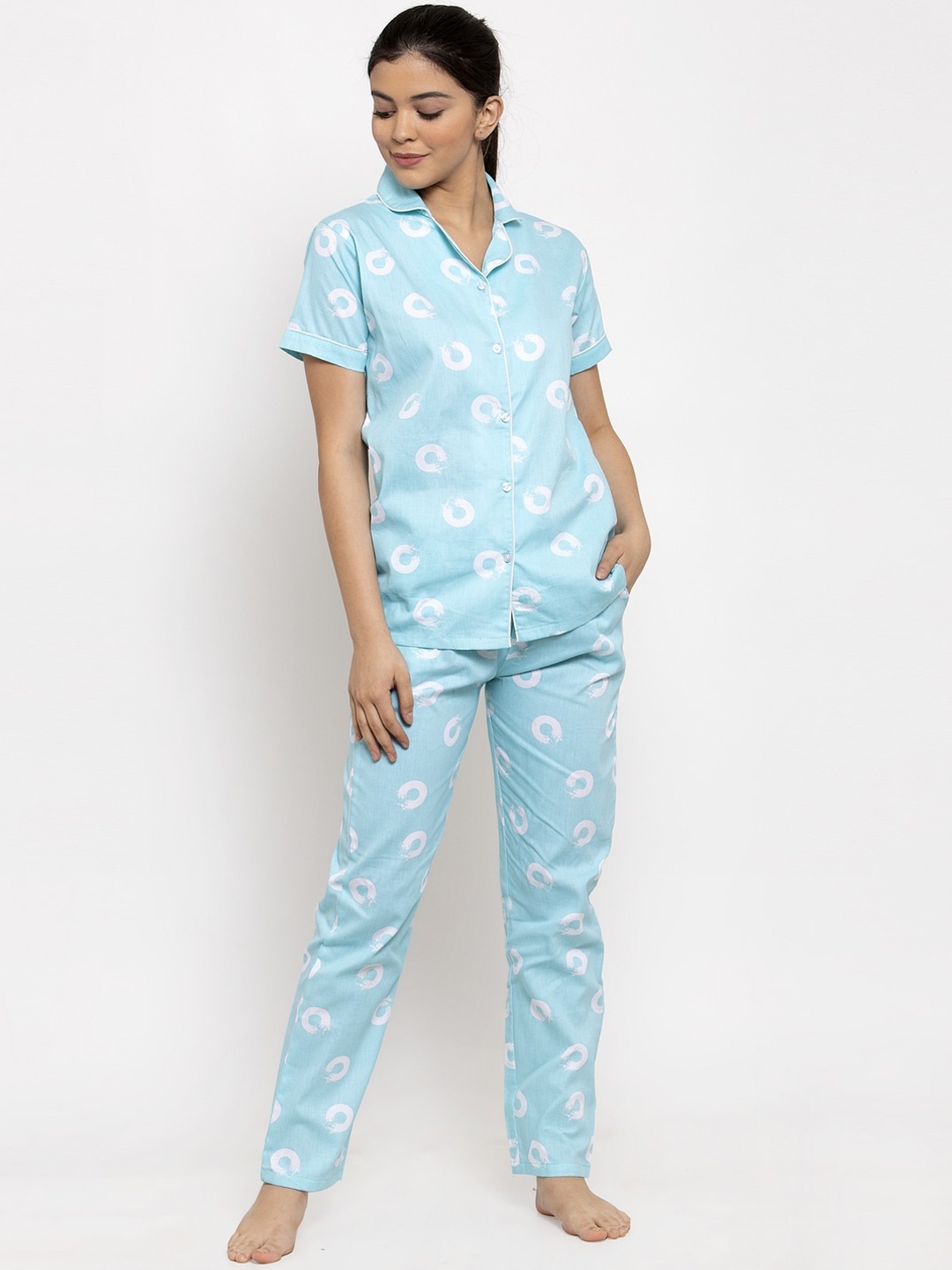 

Claura Women Blue & White Printed Cotton Night suit