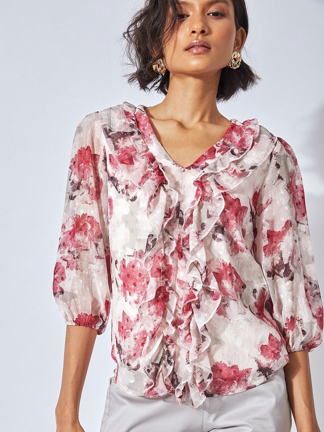 

The Label Life Pink Floral Print Ruffles Chiffon Top