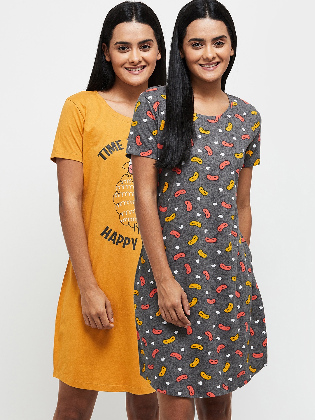 

max Women Mustard & Grey Set Of 2 Printed Pure Cotton Nightdress