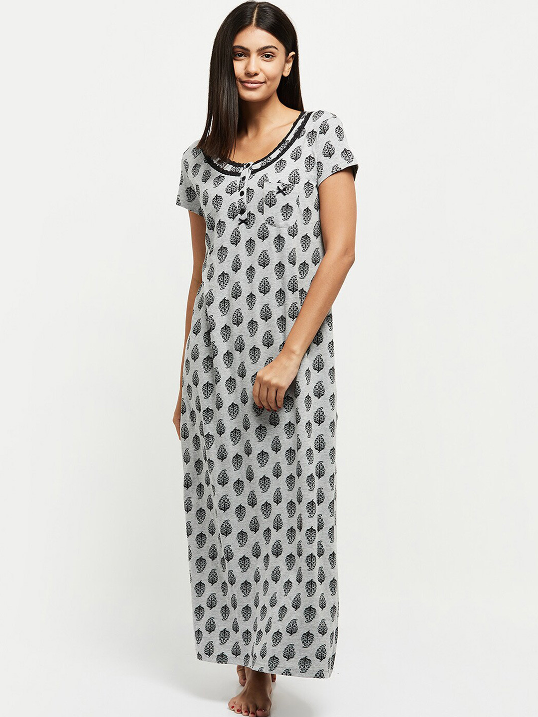 

max Grey Melange Printed Pure Cotton Maxi Nightdress
