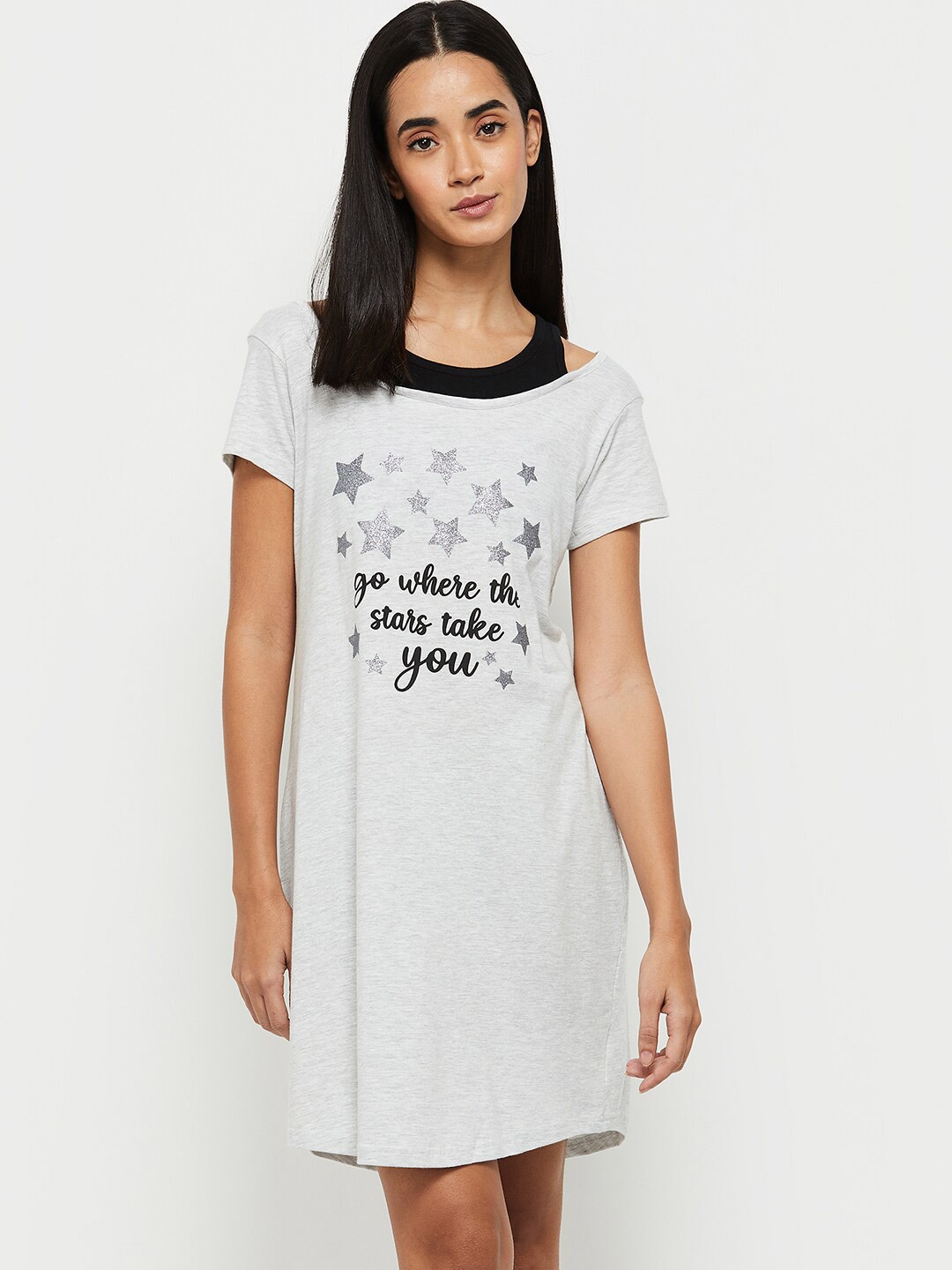 

max Grey Melange Printed T-shirt Nightdress