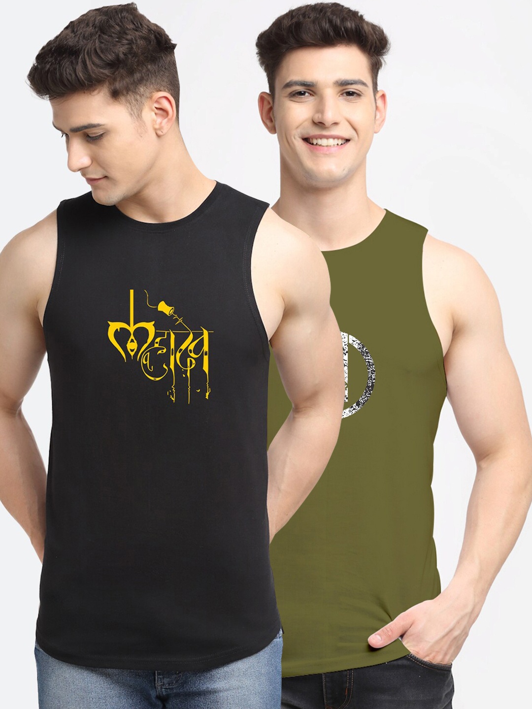 

Friskers Men Pack Of 2 Printed Cotton Innerwear Gym Vests, Black