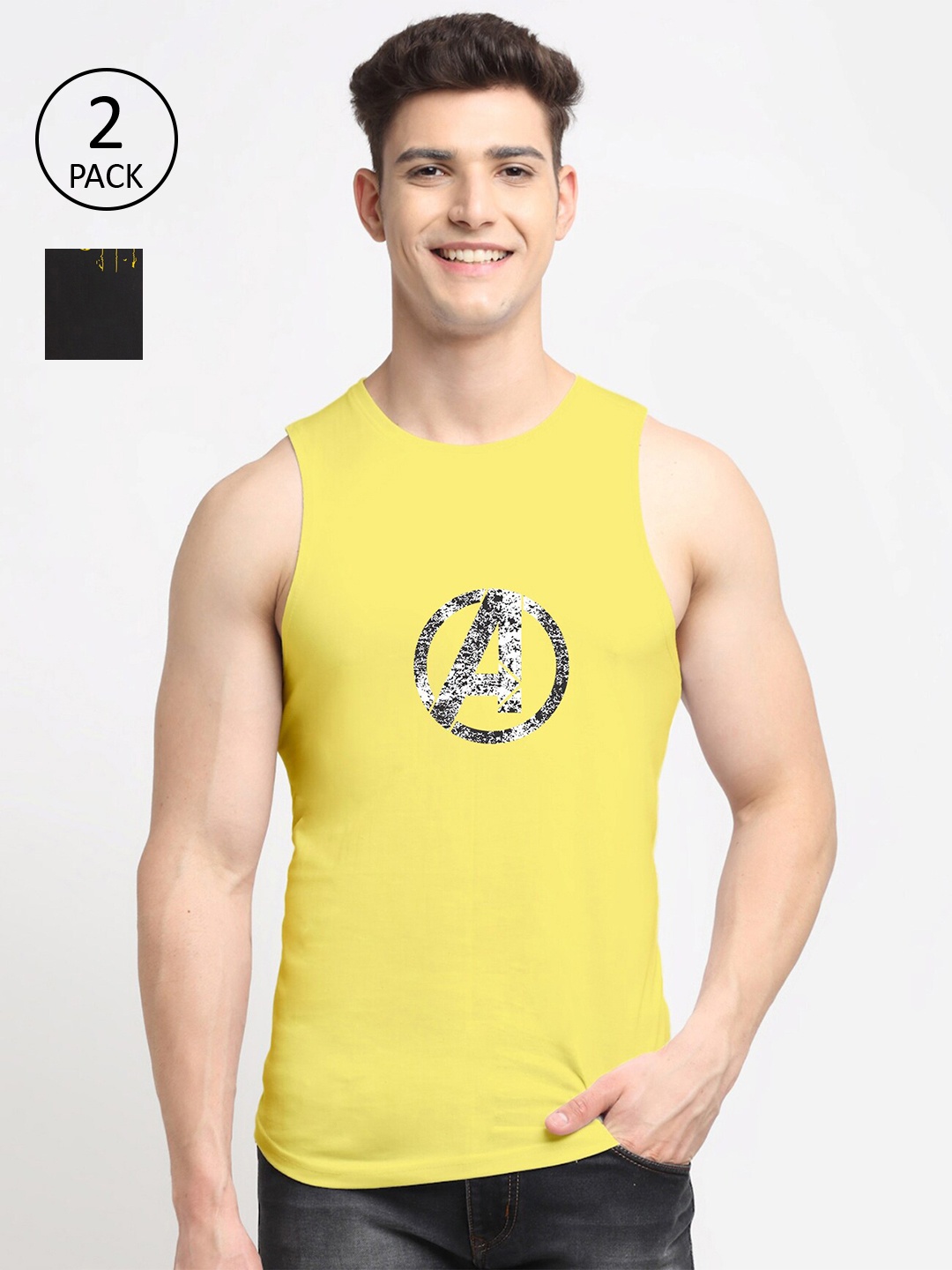 

Friskers Men Pack Of 2 Printed Cotton Gym Vest, Black