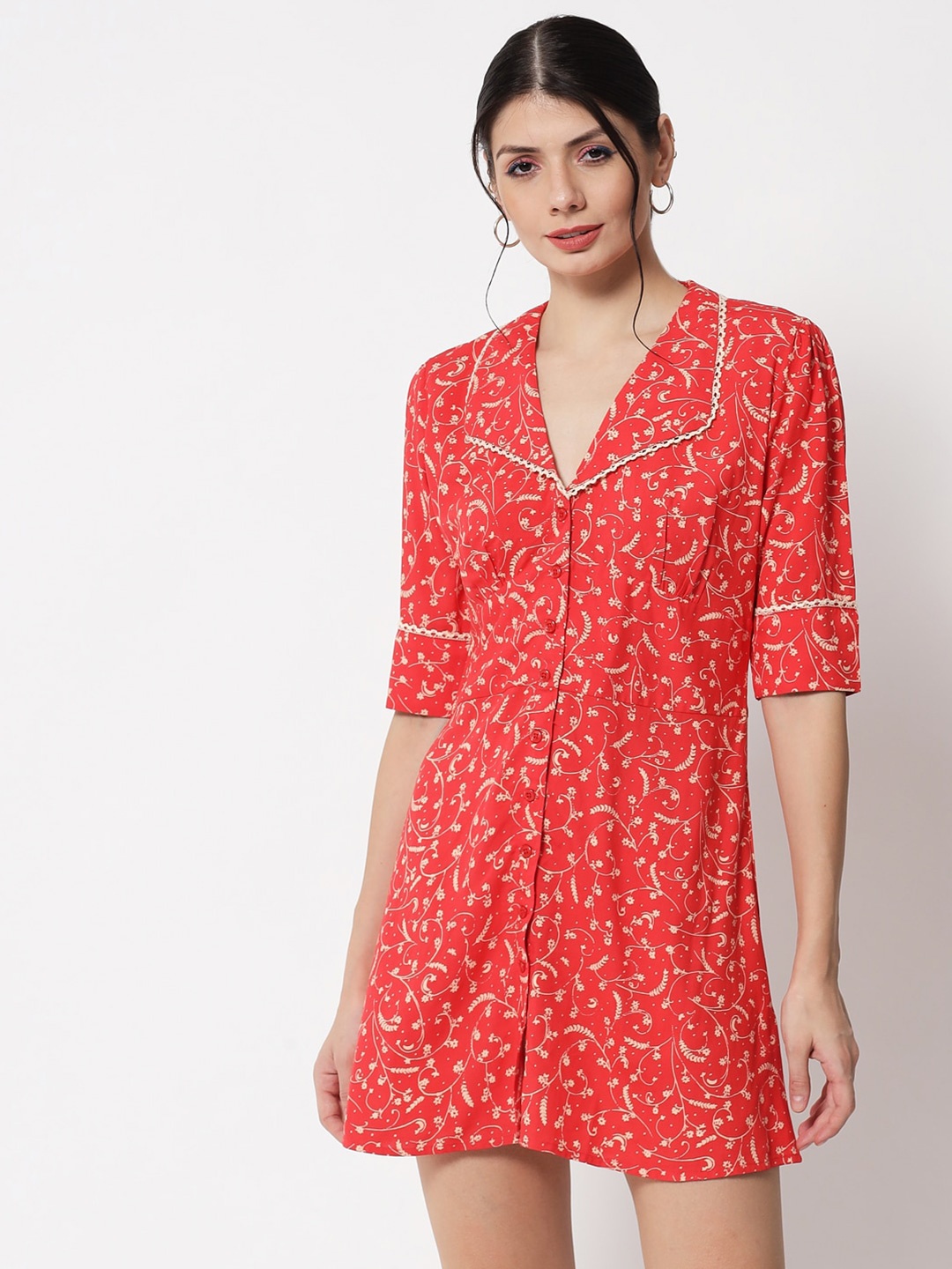 

The Vanca Red Floral A-Line Dress