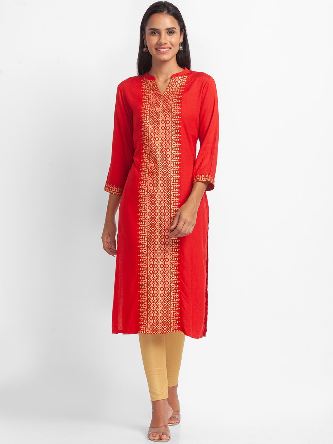 

Globus Women Red Geometric Kurta