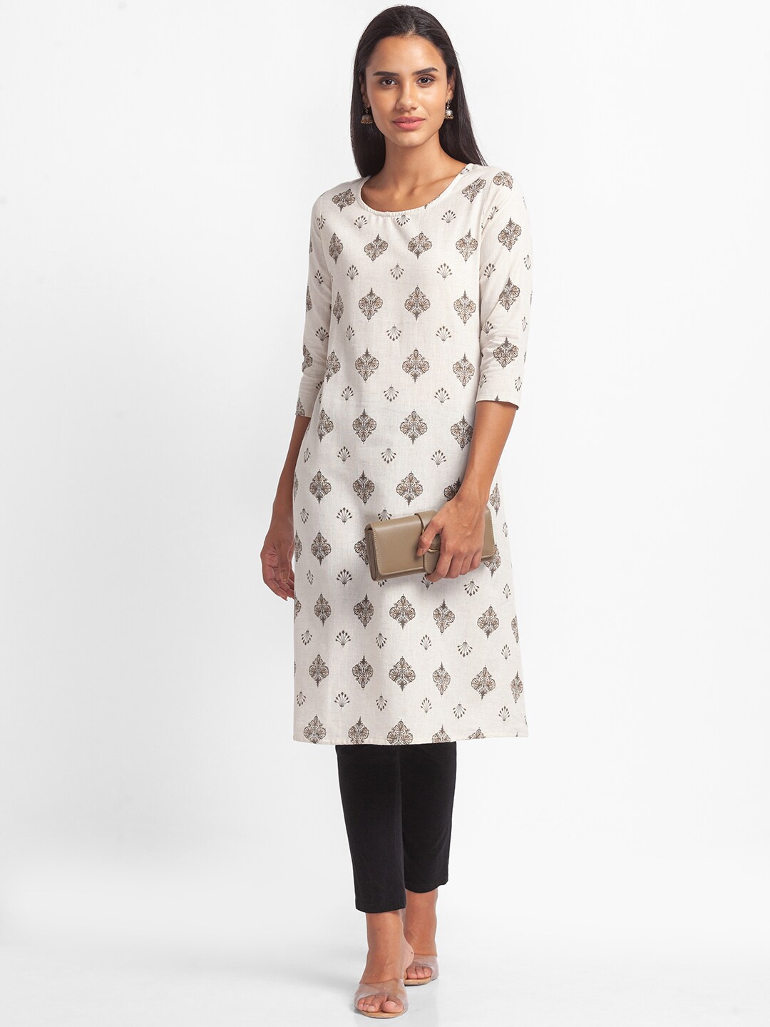 

Globus Women Off White Ethnic Motifs Printed Thread Work Kurta