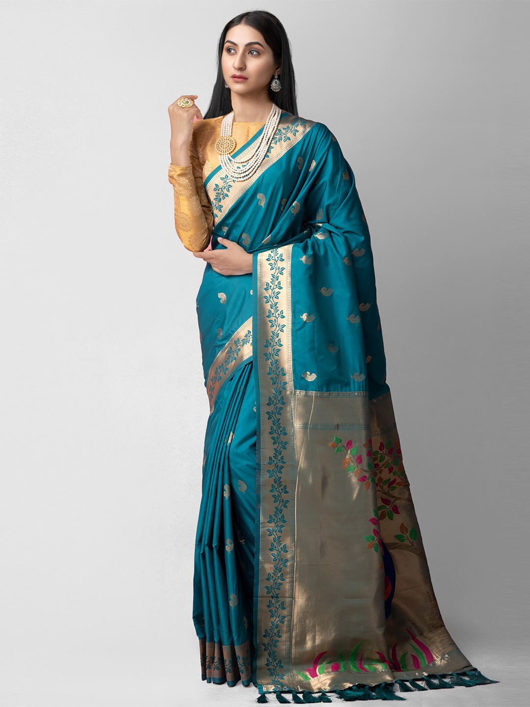 

Unnati Silks Blue & Gold-Toned Ethnic Motifs Silk Blend Banarasi Saree