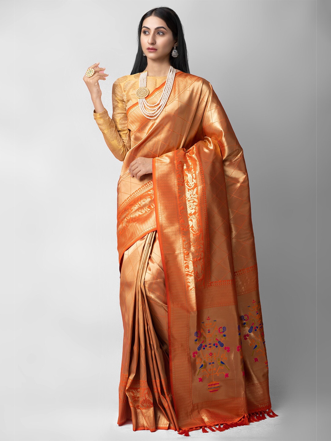 

Unnati Silks Orange & Gold-Toned Woven Design Zari Silk Blend Banarasi Saree