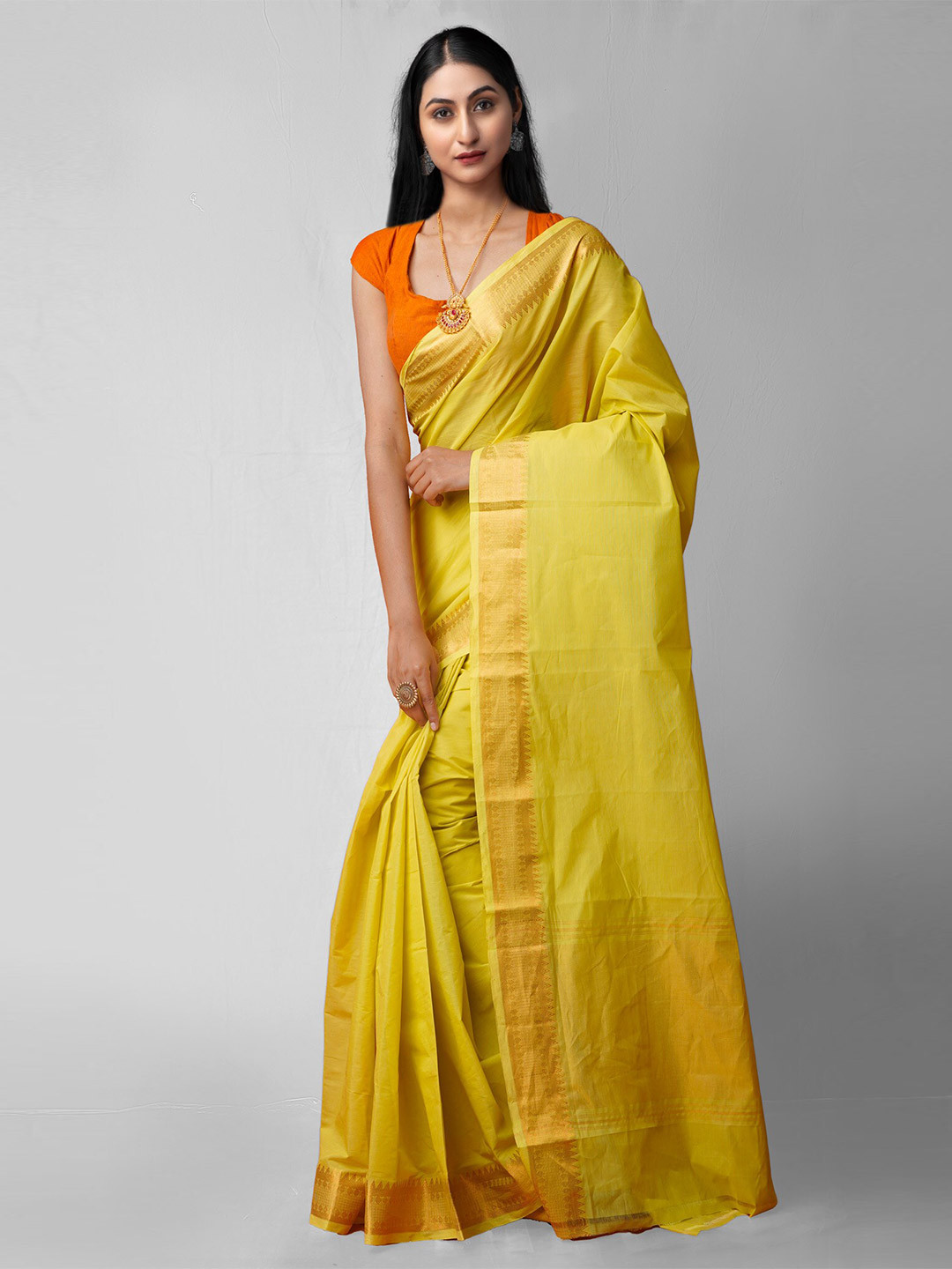 

Unnati Silks Green & Gold-Toned Woven Design Zari Pure Cotton Mangalagiri Saree, Yellow