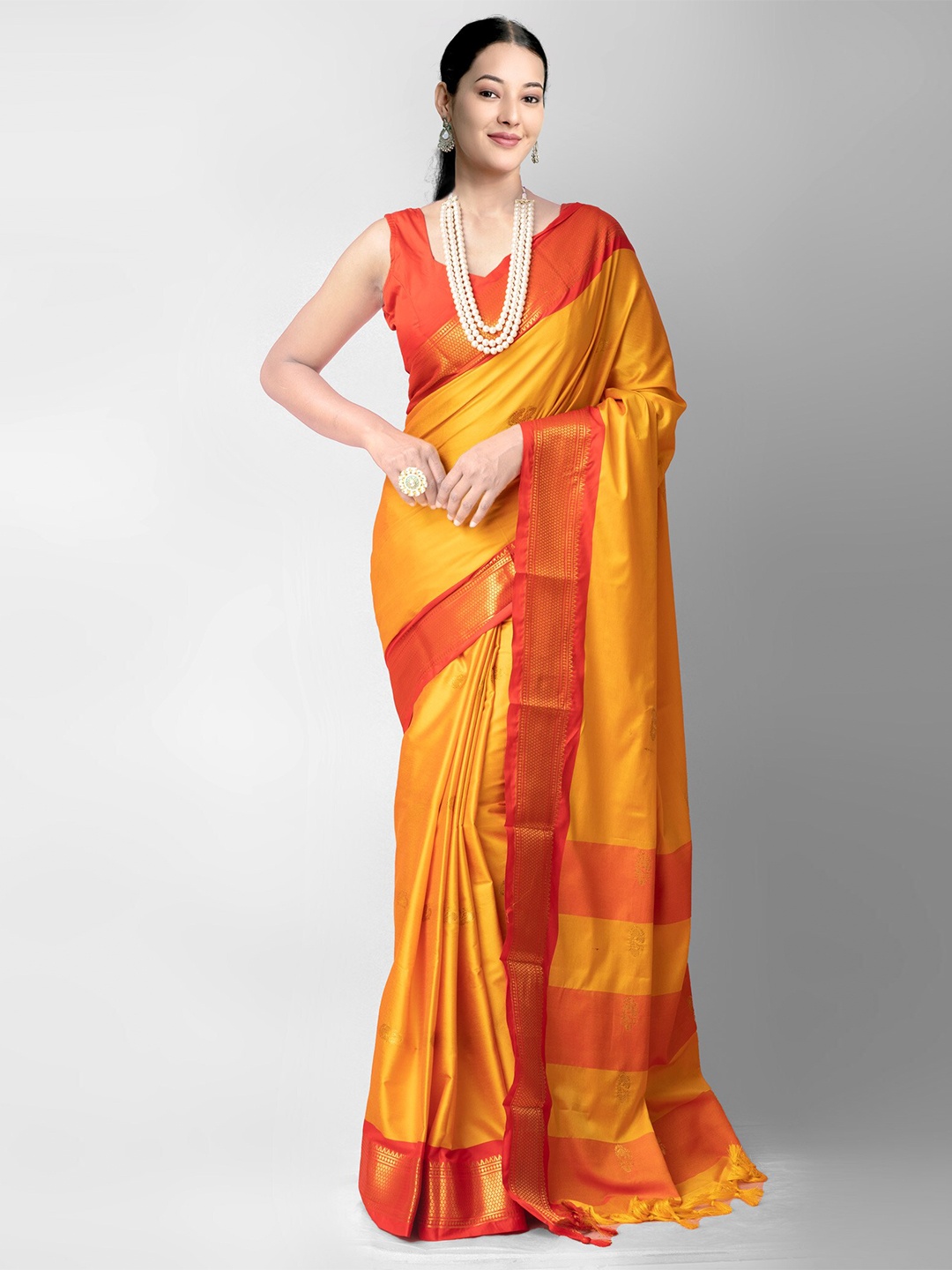 

Unnati Silks Yellow & Gold-Toned Woven Design Zari Silk Blend Banarasi Saree