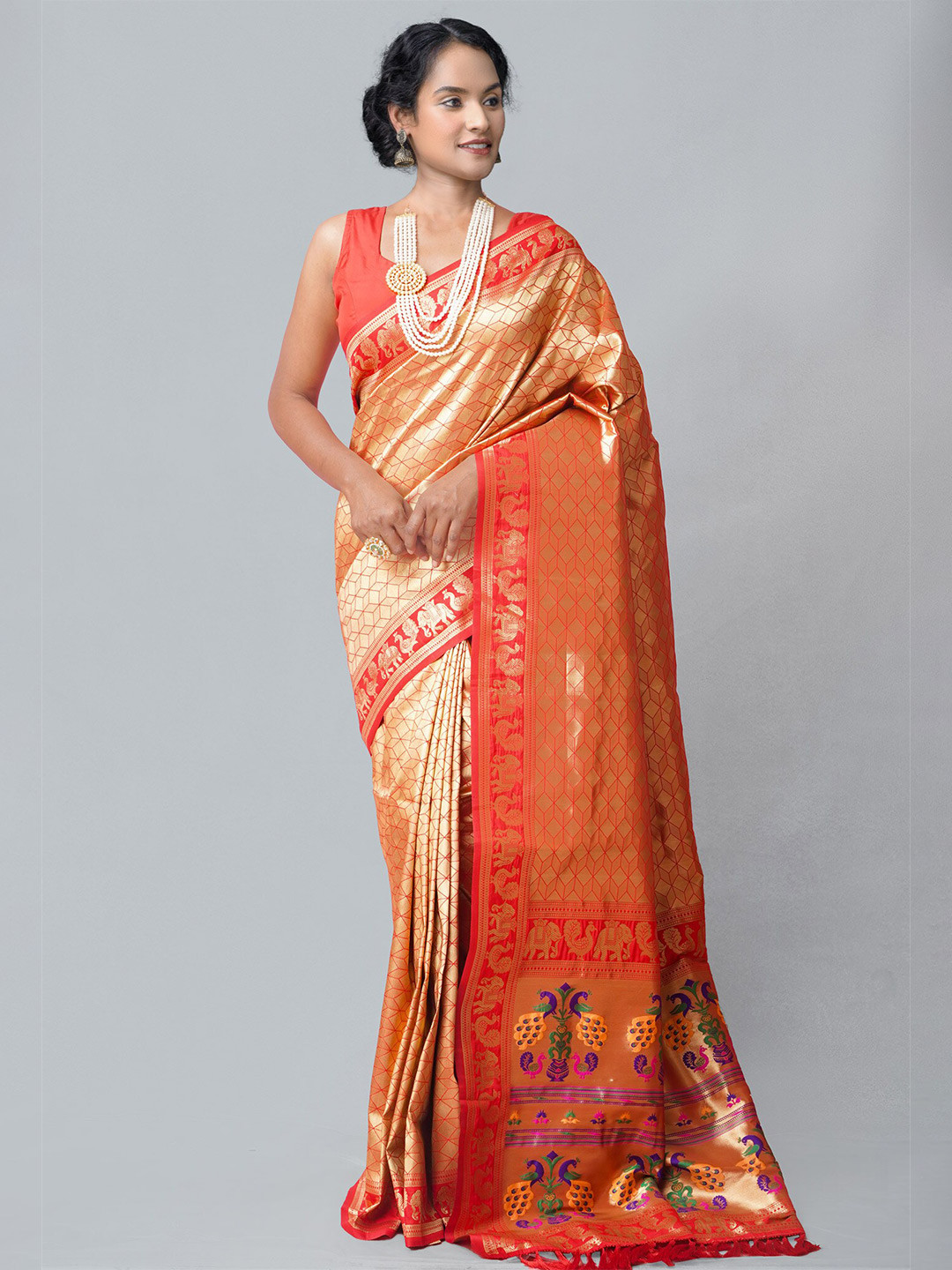

Unnati Silks Orange & Green Woven Design Zari Silk Blend Banarasi Saree