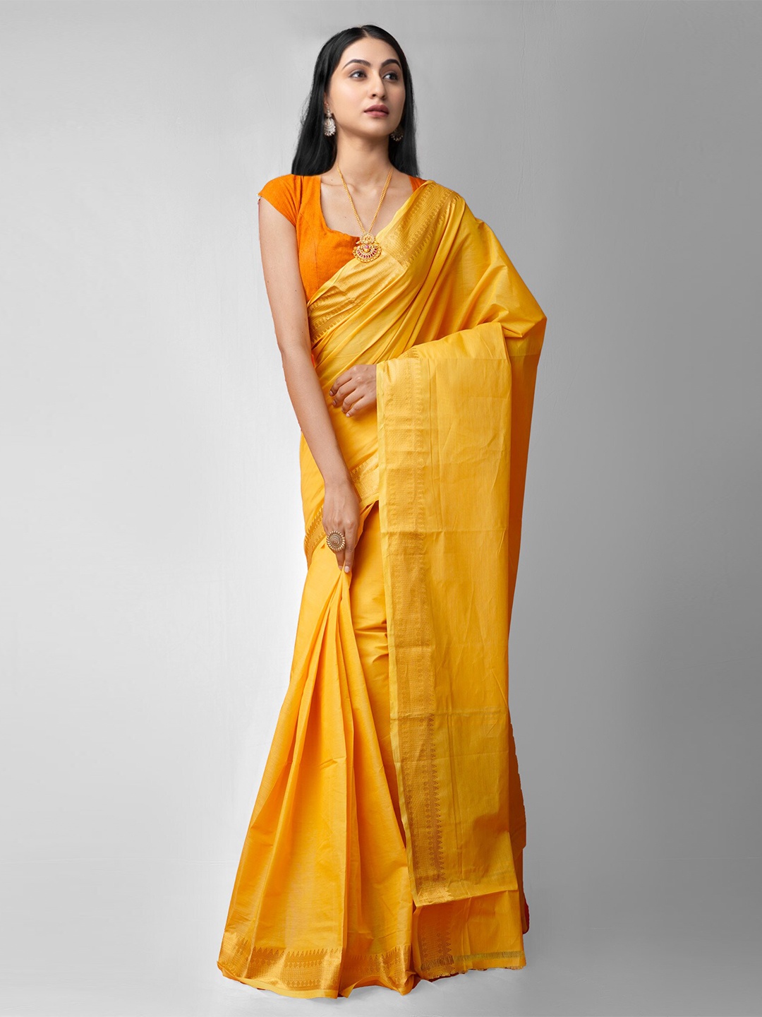 

Unnati Silks Yellow Zari Pure Cotton Handloom & Sustainable Mangalagiri Saree