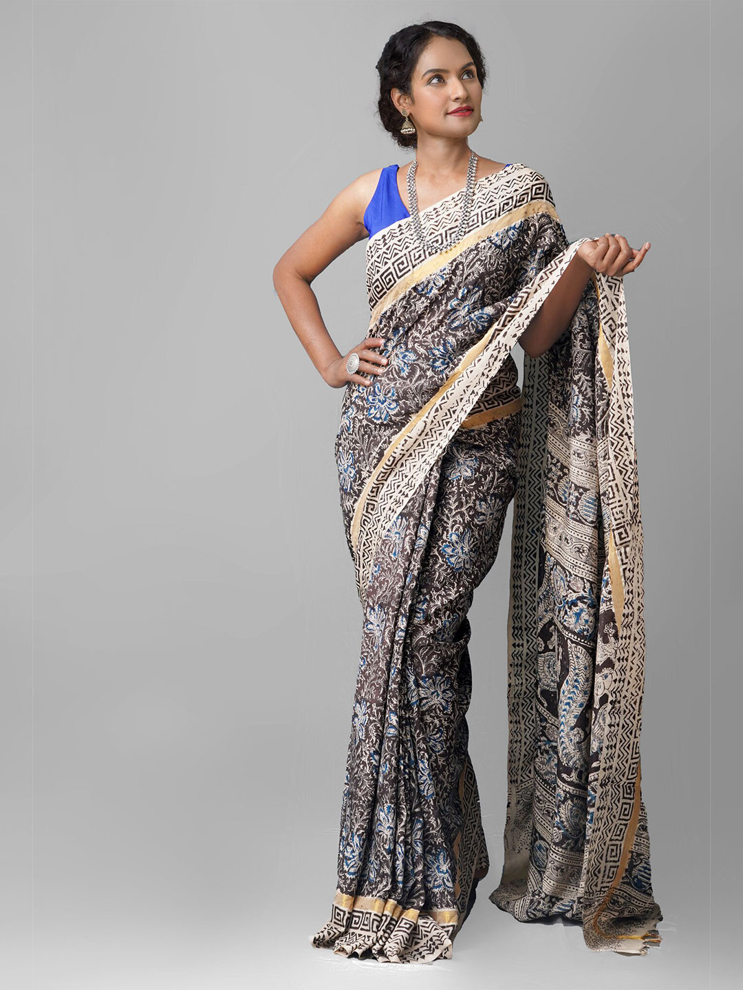

Unnati Silks Multicoloured Kalamkari Printed Pure Silk Kanjeevaram Saree, Multi