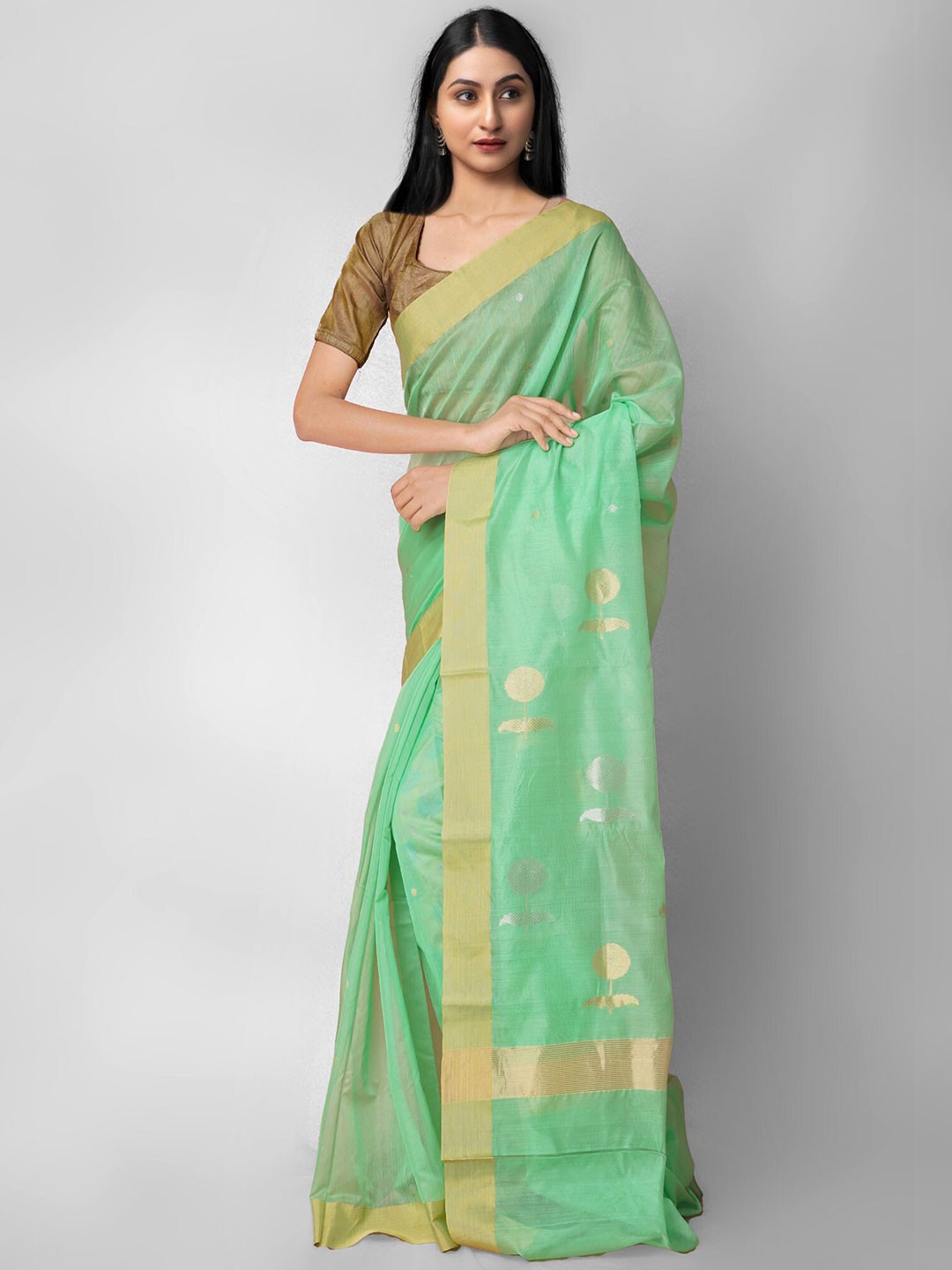 

Unnati Silks Green & Golden Ethnic Motifs Handloom Sustainable Silk Cotton Chanderi Saree