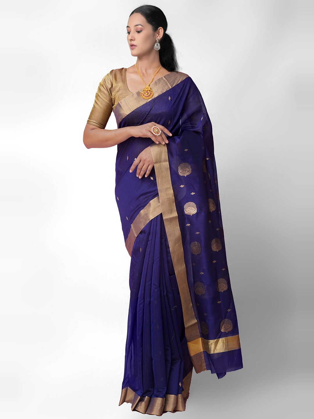 

Unnati Silks Navy Blue & Gold-Toned Woven Design Zari Silk Cotton Chanderi Saree