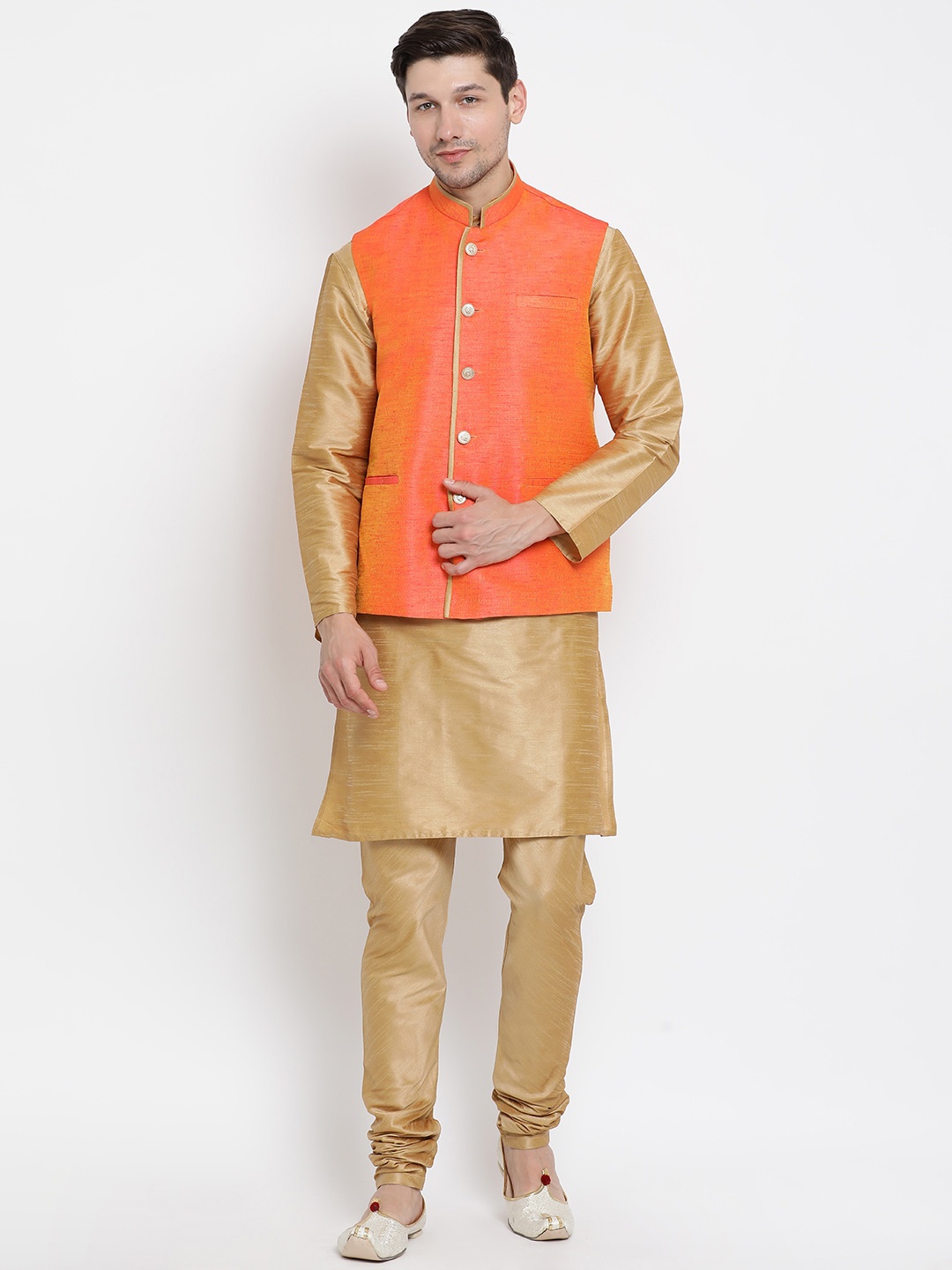 

VASTRAMAY Men Rose Gold Layered Kurta with Churidar