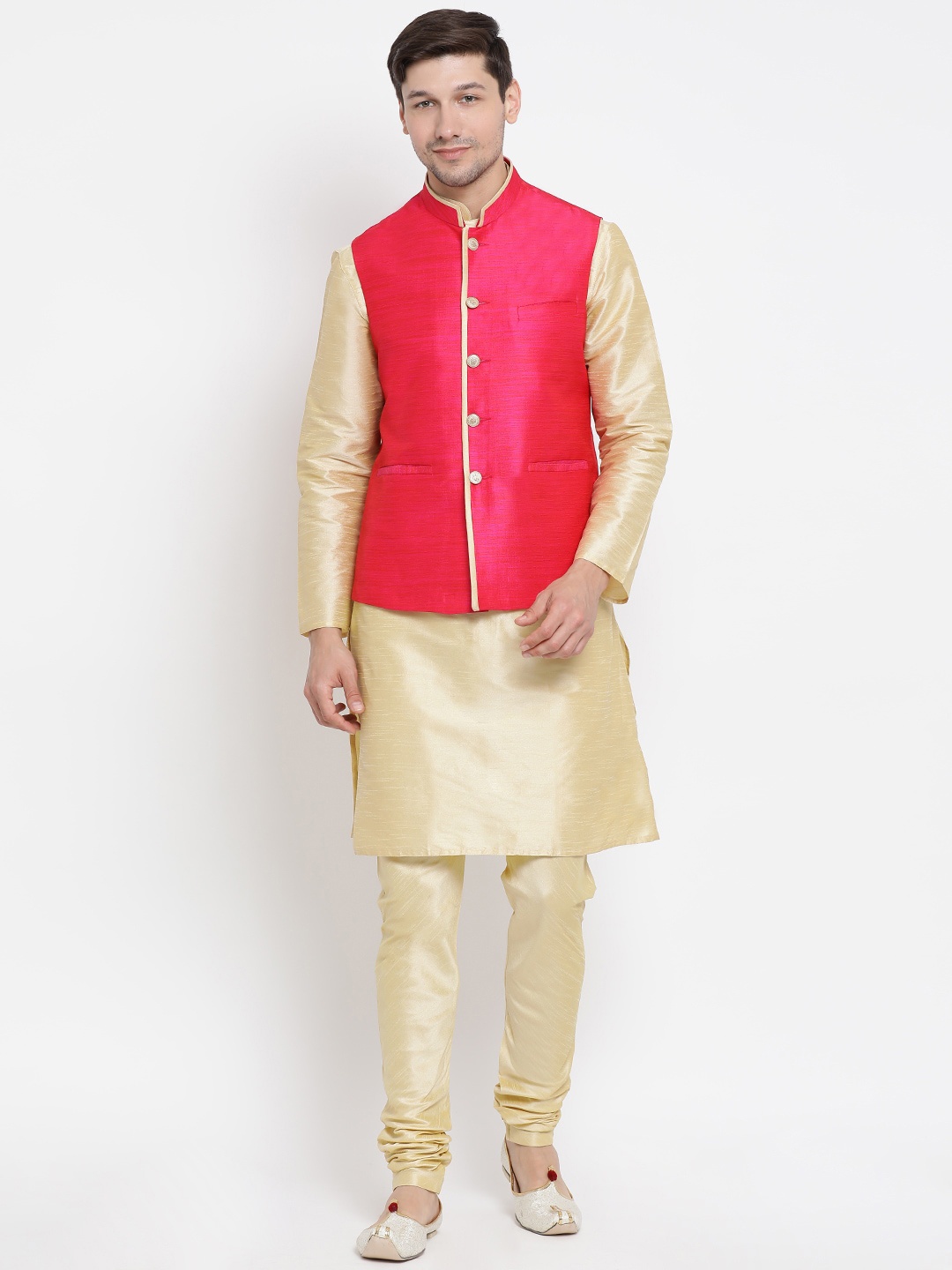 

VASTRAMAY Men Gold-Toned Layered Kurta with Churidar