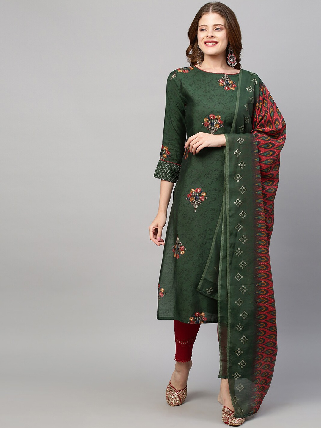 

FASHOR Women Green Geometric Striped Flared Sleeves Mirror Work Anarkali Kurta