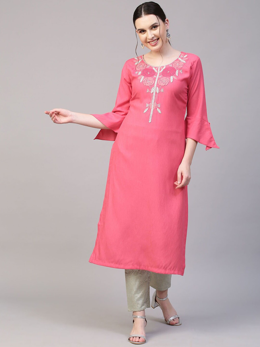 

FASHOR Women Pink Embroidered Flared Sleeves Pathani Kurta