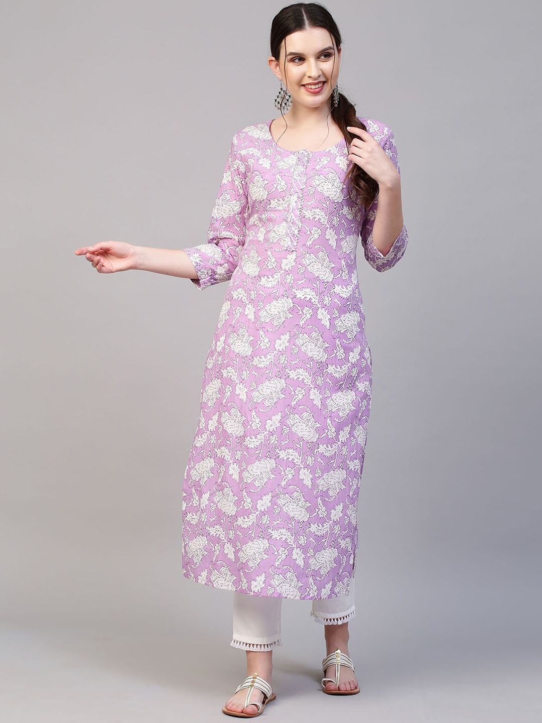 

FASHOR Women Purple Floral Printed Cold-Shoulder Sleeves Kurta