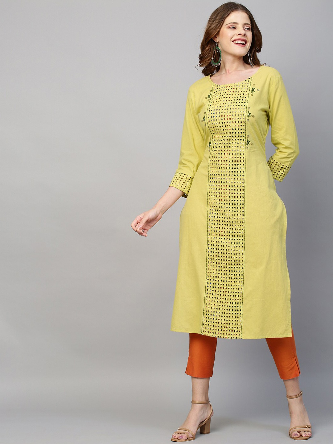 

FASHOR Women Green Ethnic Motifs Printed Thread Work Kurta