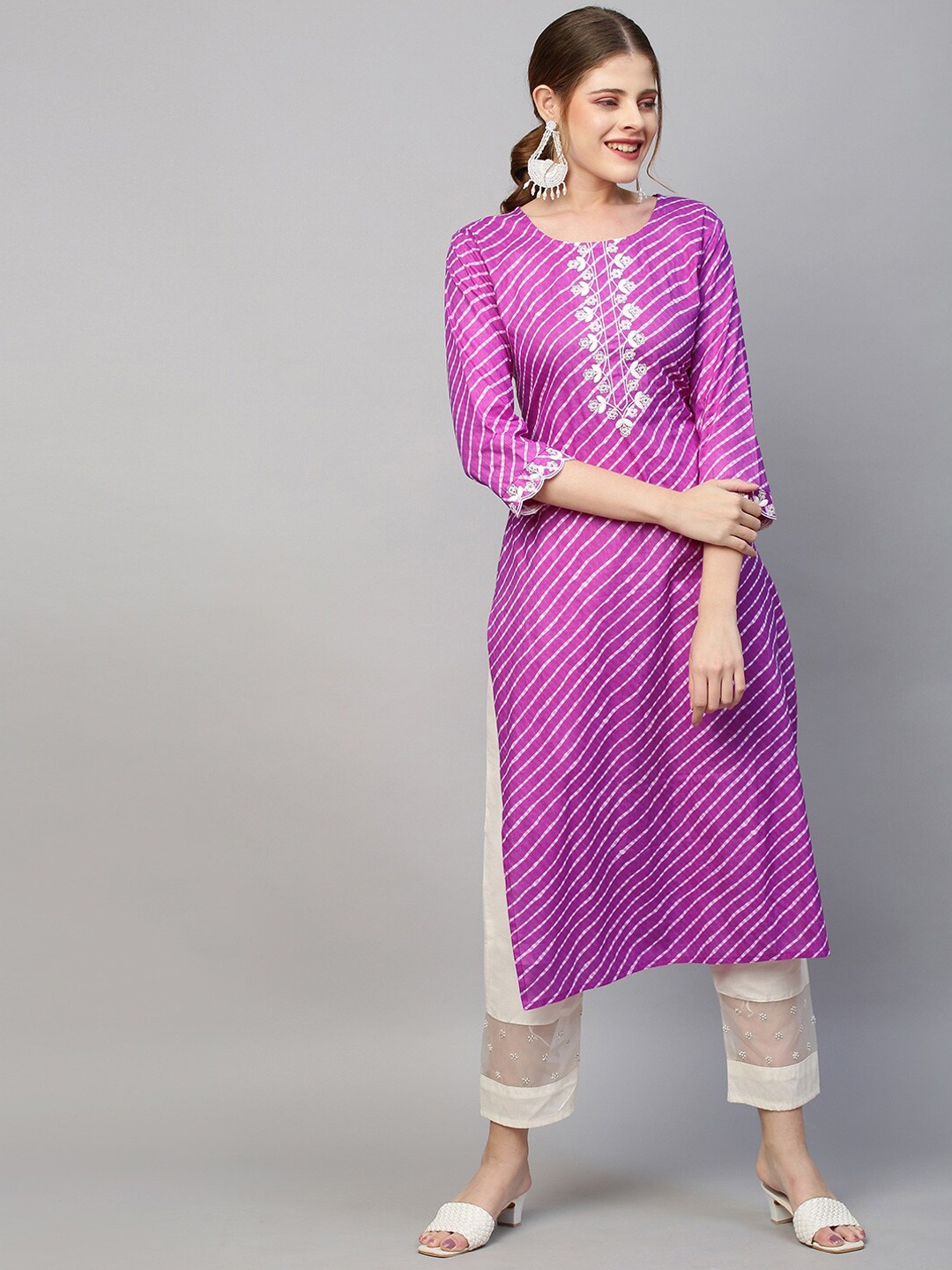 

FASHOR Women Purple Ethnic Motifs Striped Mirror Work Kurta