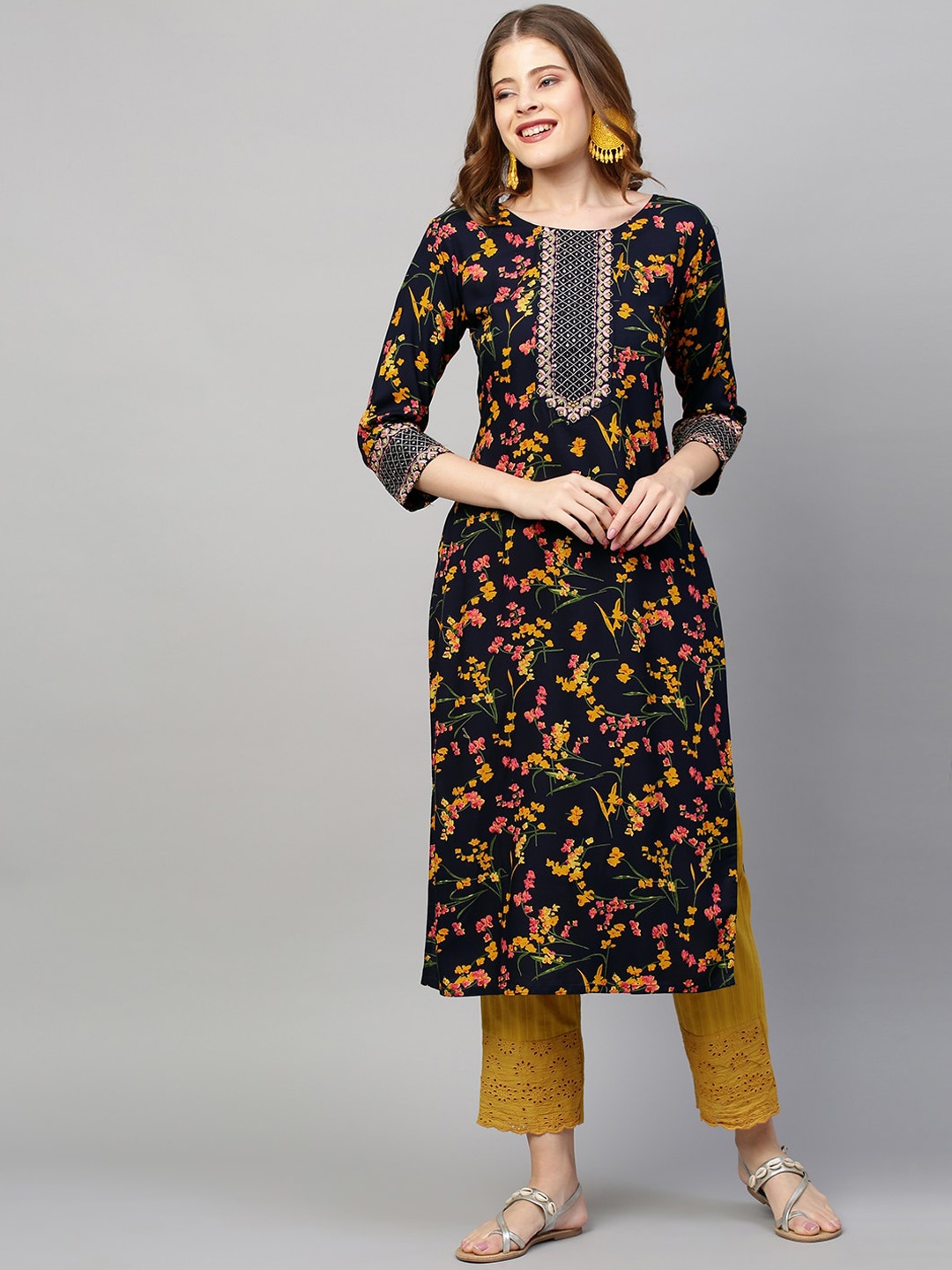 

FASHOR Women Navy Blue Quirky Striped Flared Sleeves Thread Work Anarkali Kurta