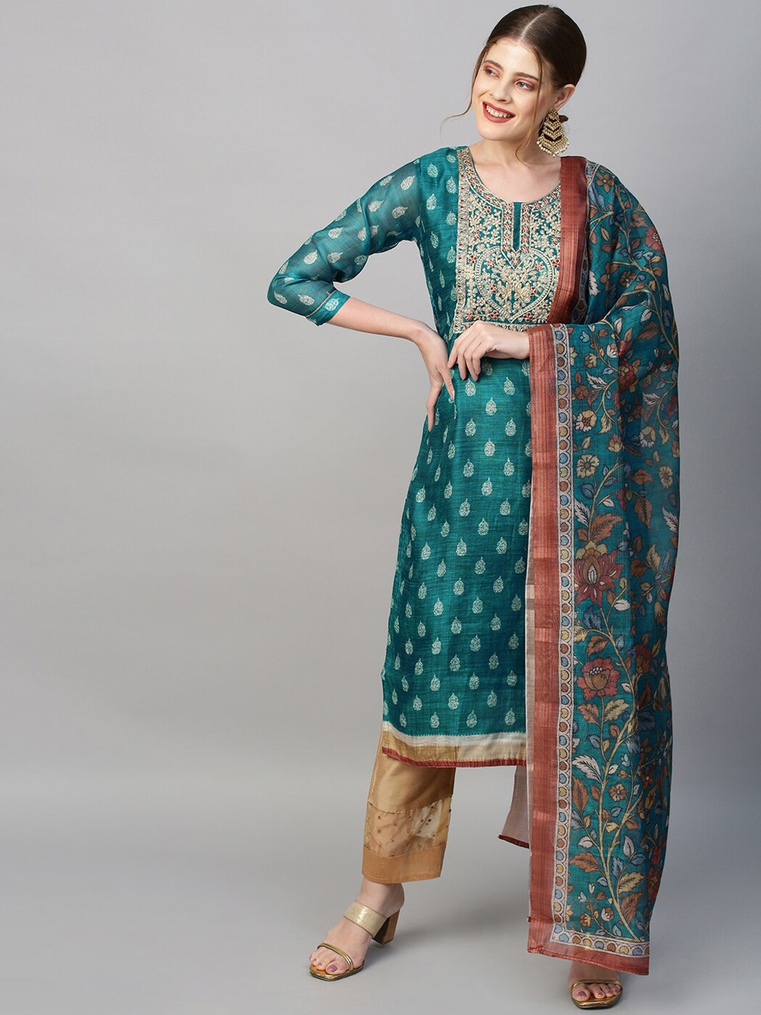 

FASHOR Women Sea Green Paisley Chanderi Silk Anarkali Kurta