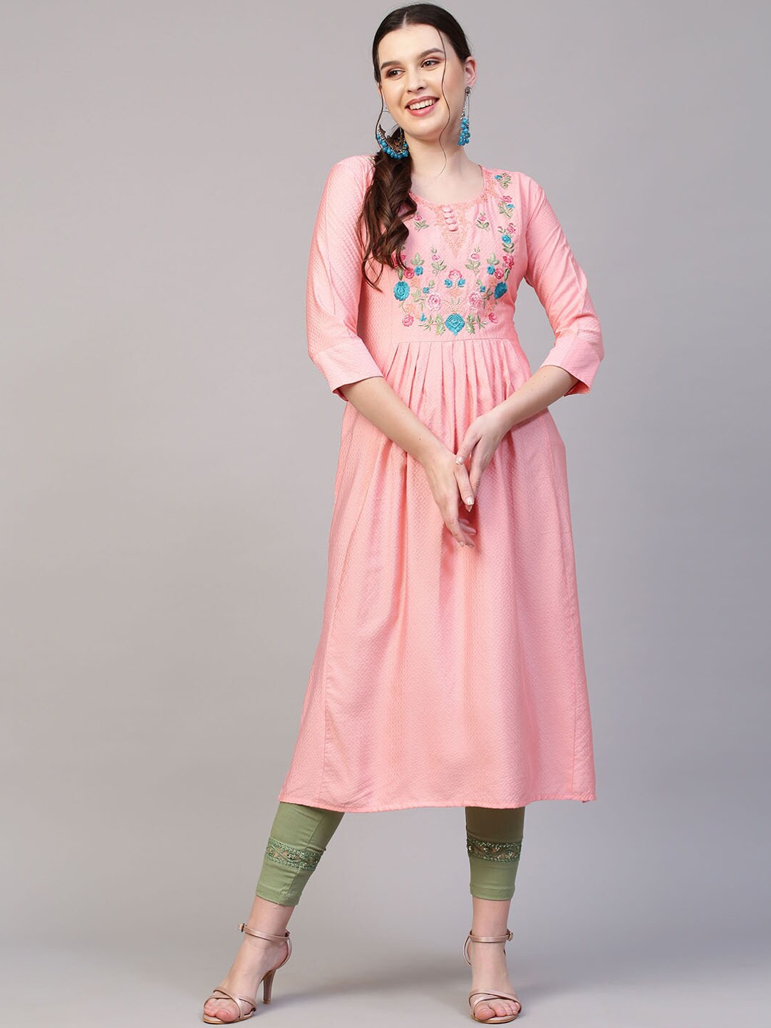 

FASHOR Women Peach-Coloured Yoke Design Cold-Shoulder Sleeves Anarkali Kurta