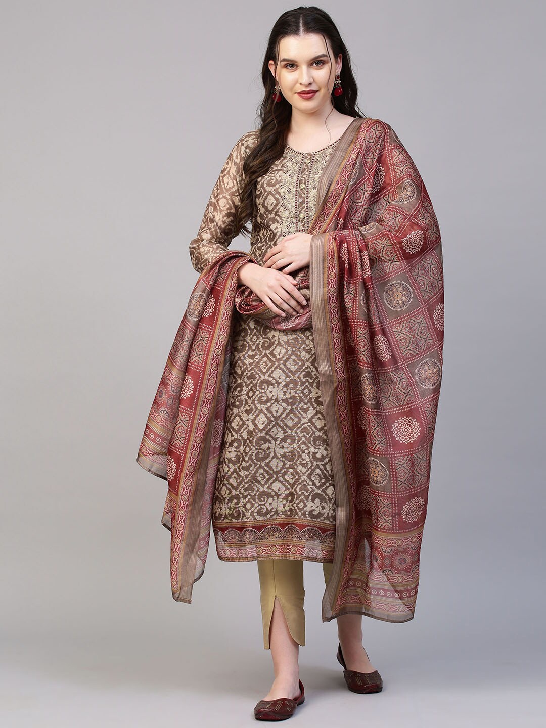 

FASHOR Women Brown Ethnic Motifs Printed Chanderi Silk Anarkali Kurta