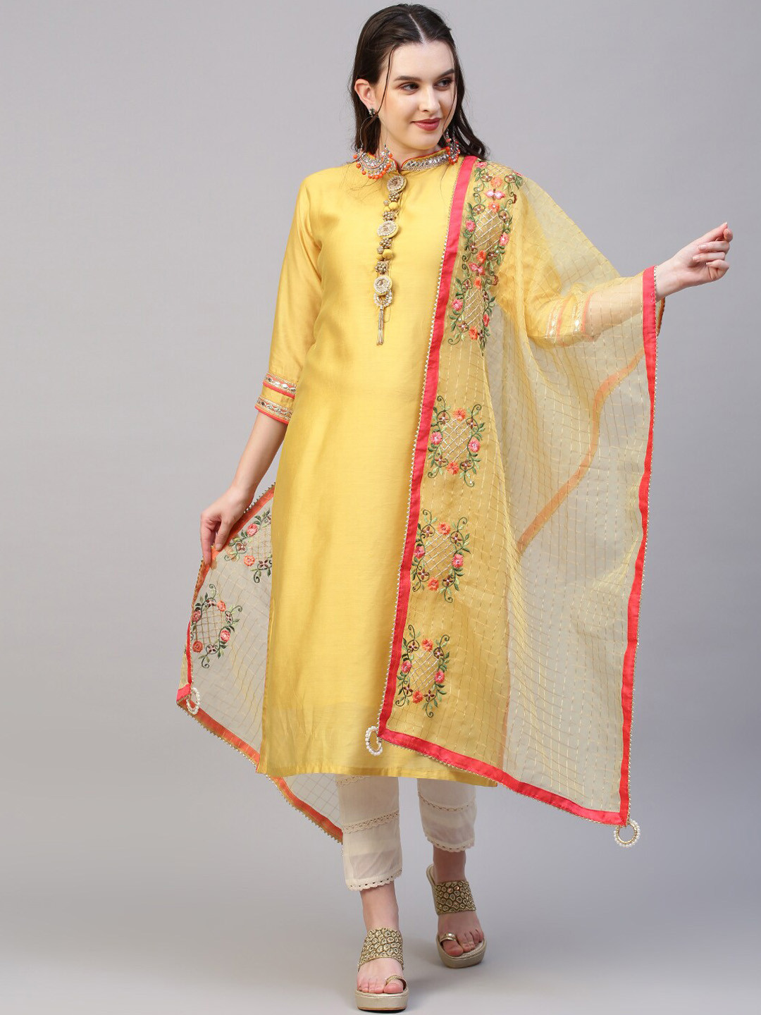 

FASHOR Women Yellow Floral Thread Work Kurta