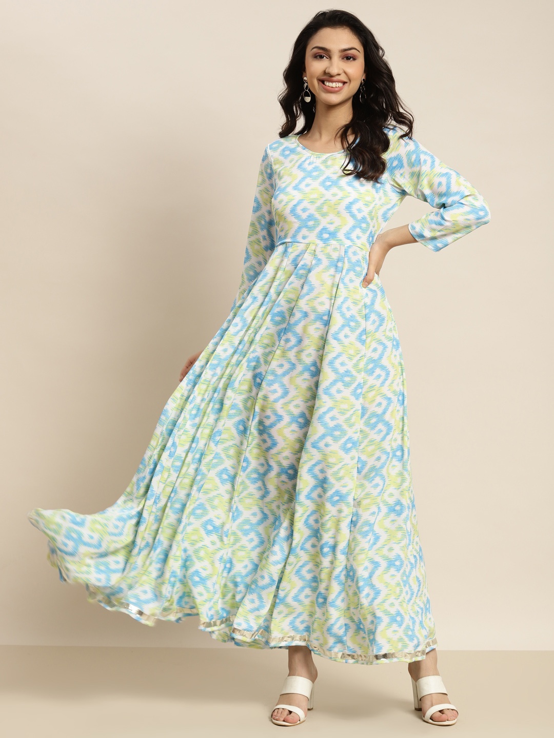 

Shae by SASSAFRAS Blue & Green Ethnic Motifs Crepe Ethnic Anarkali Maxi Dress
